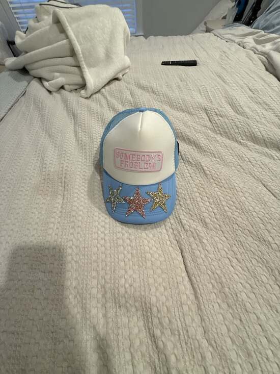Custom Accessories - Somebody's Problem Blue Trucker Hat with Rhinestone Stars and Hustler Patch